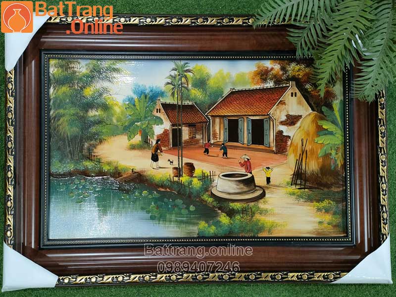 Tranh đồng quê thanh bình bên mái tranh nghèo 60x95cm-Gốm sứ Bát Tràng