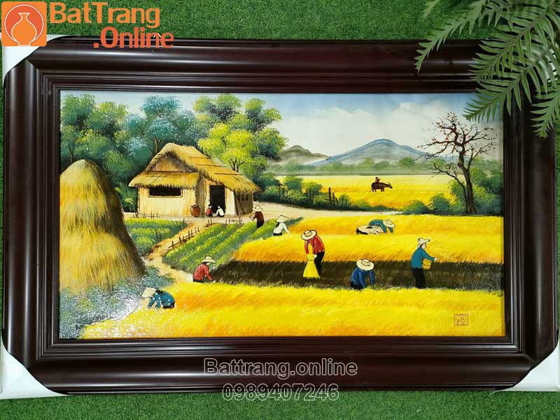 Tranh đồng quê vui mùa lúa chín 65x95cm Gốm sứ Bát Tràng